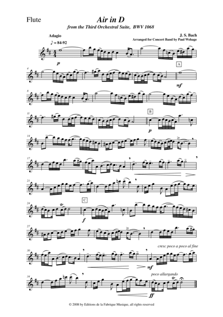 Johann Sebastian Bach/Wehage, Air in D from the Third orchestral suite, BWV 1068 arranged for concer (arr. Musik Fabrik Music Publishing)
