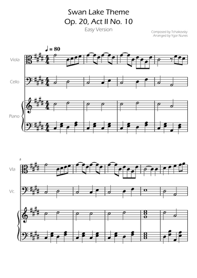 Swan Lake (theme) - Tchaikovsky - Cello and Viola Duet w/ Piano Accompaniment (arr. Ygor Nunes)
