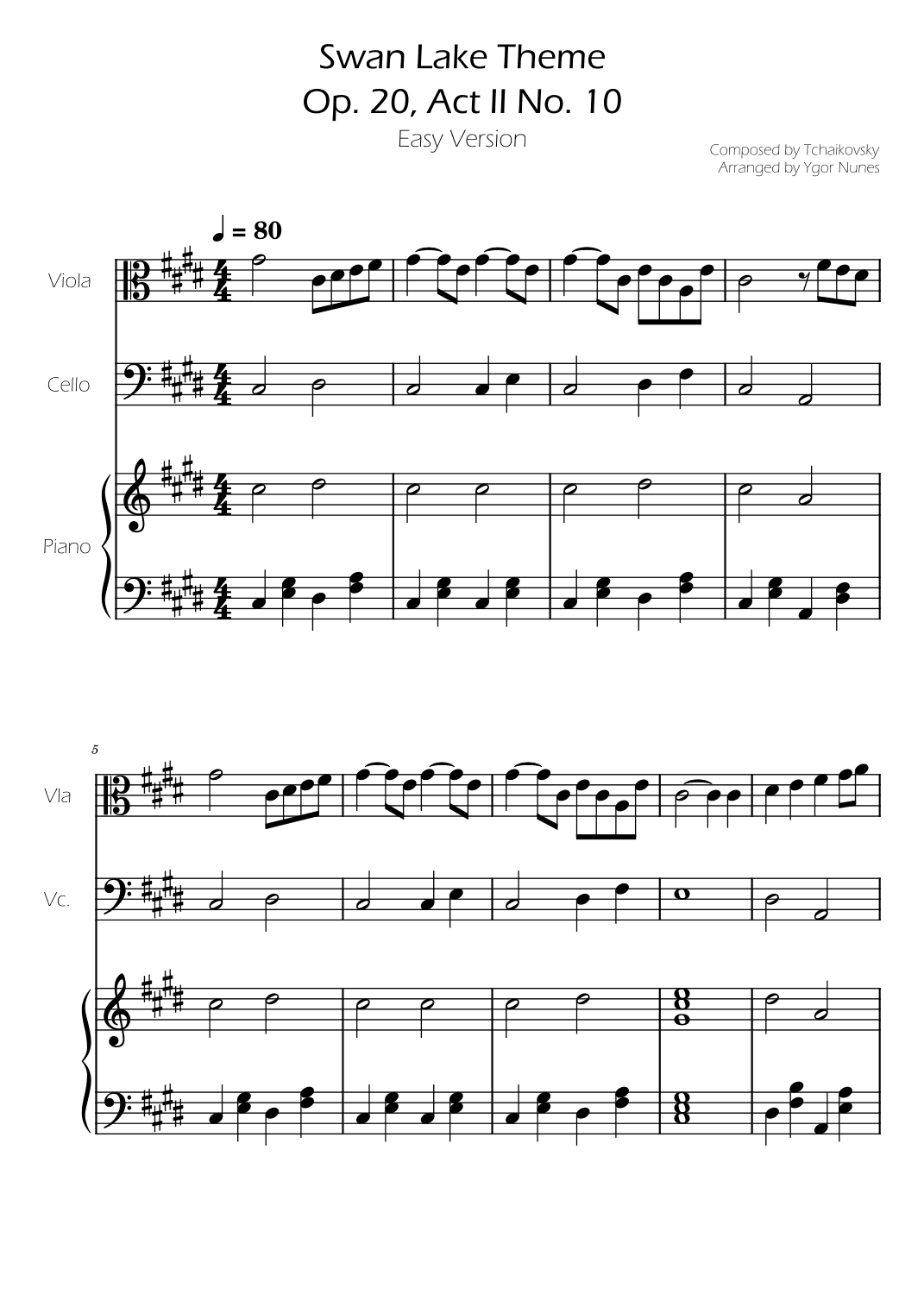 Swan Lake (theme) - Tchaikovsky - Cello and Viola Duet w/ Piano Accompaniment (arr. Ygor Nunes)