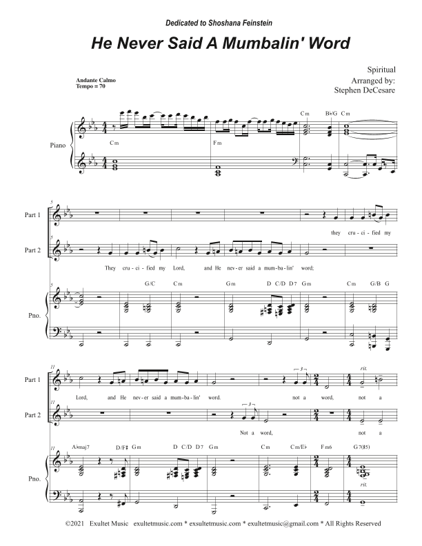 He Never Said A Mumbalin' Word (2-part choir) (arr. Stephen DeCesare)