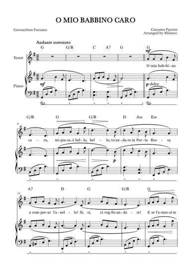 O Mio Babbino Caro | Male Voice Tenor | G Major | Piano accompaniment | Pedal | Chords (arr. Milanov)