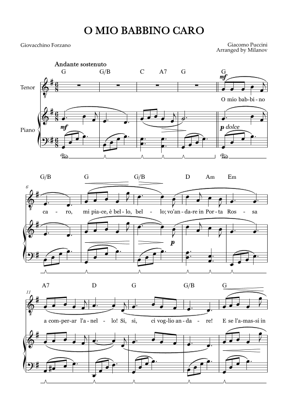 O Mio Babbino Caro | Male Voice Tenor | G Major | Piano accompaniment | Pedal | Chords (arr. Milanov)