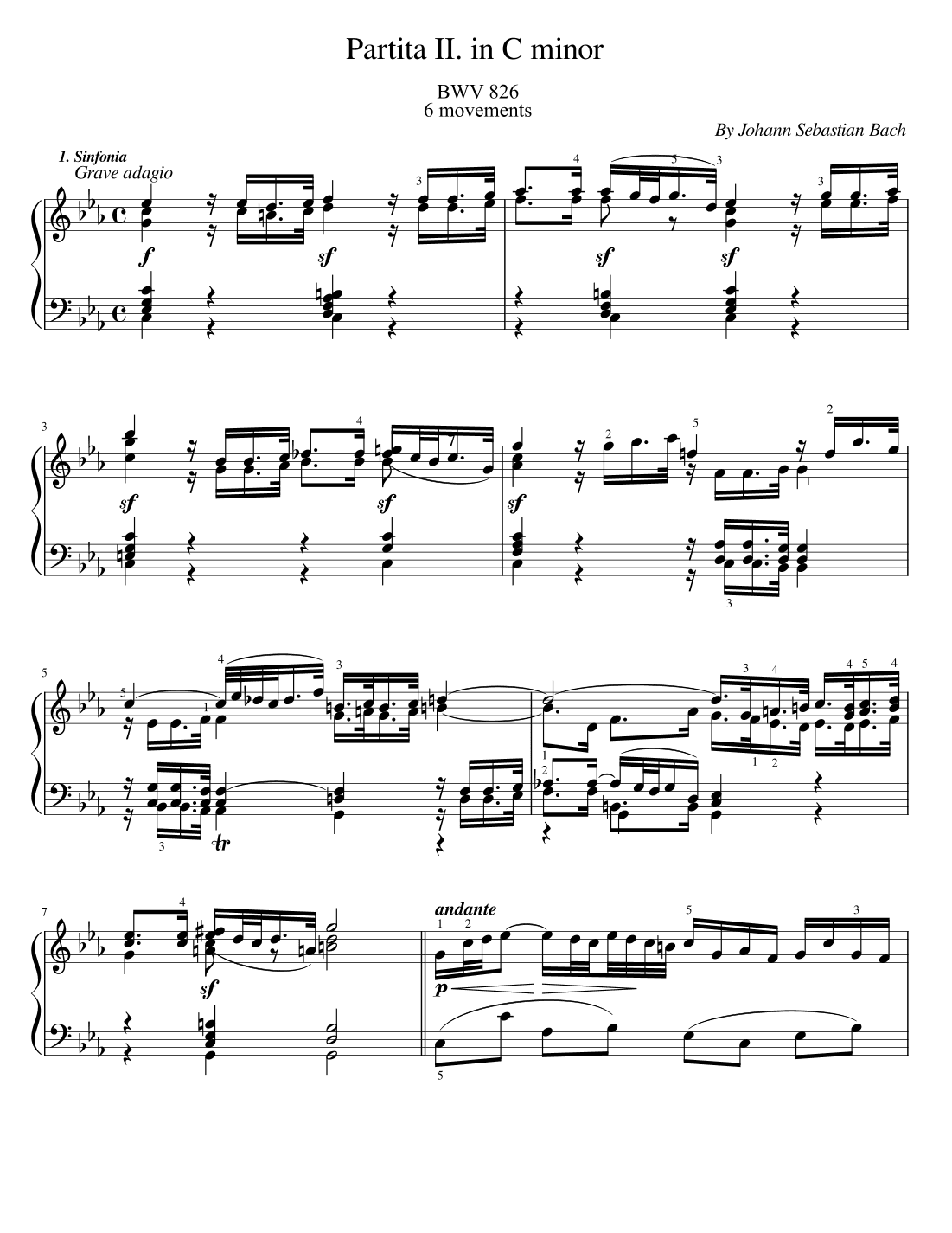 Bach - Partita No.2 in C minor - BWV 826 - Original For Piano Solo With Fingered (arr. poon)