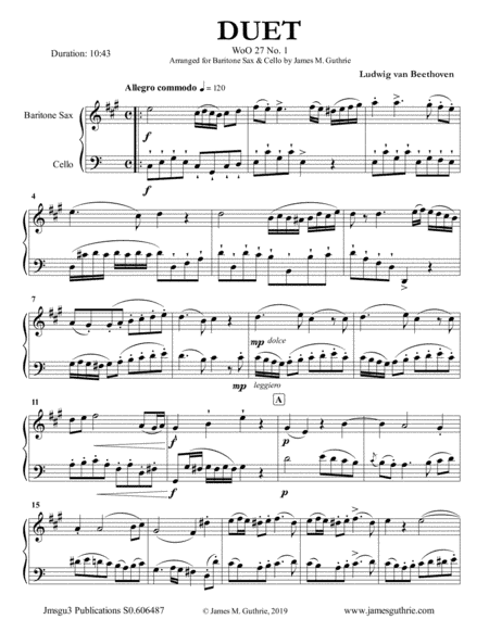 Beethoven: Three Duets WoO 27 for Baritone Sax & Cello (arr. James M. Guthrie, ASCAP)