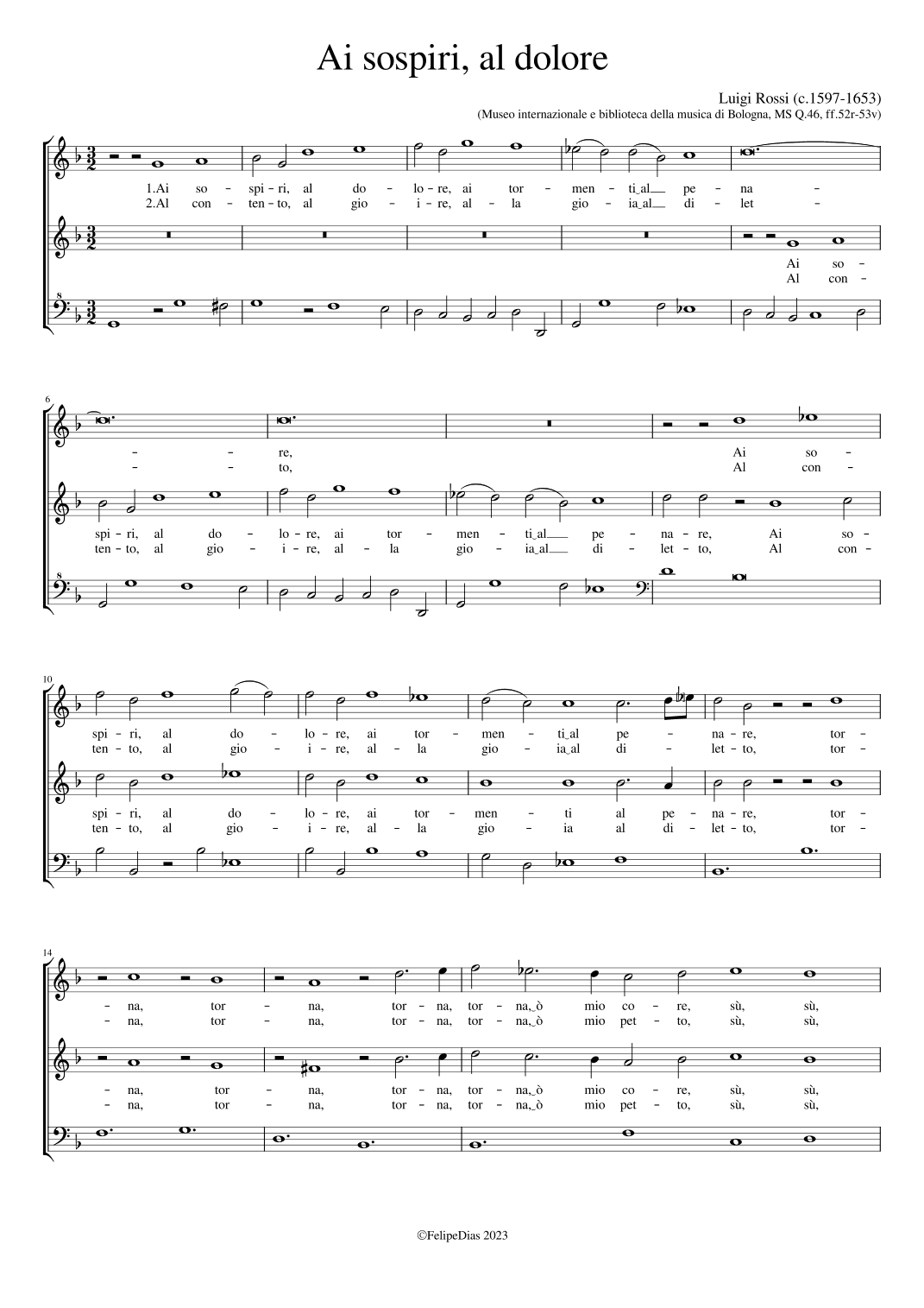 Ai sospiri, al dolore (arr. Early Music Scores)