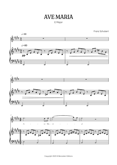 Schubert Ave Maria in E Major • soprano sheet music with easy piano accompaniment (arr. Benzaiten Editions)