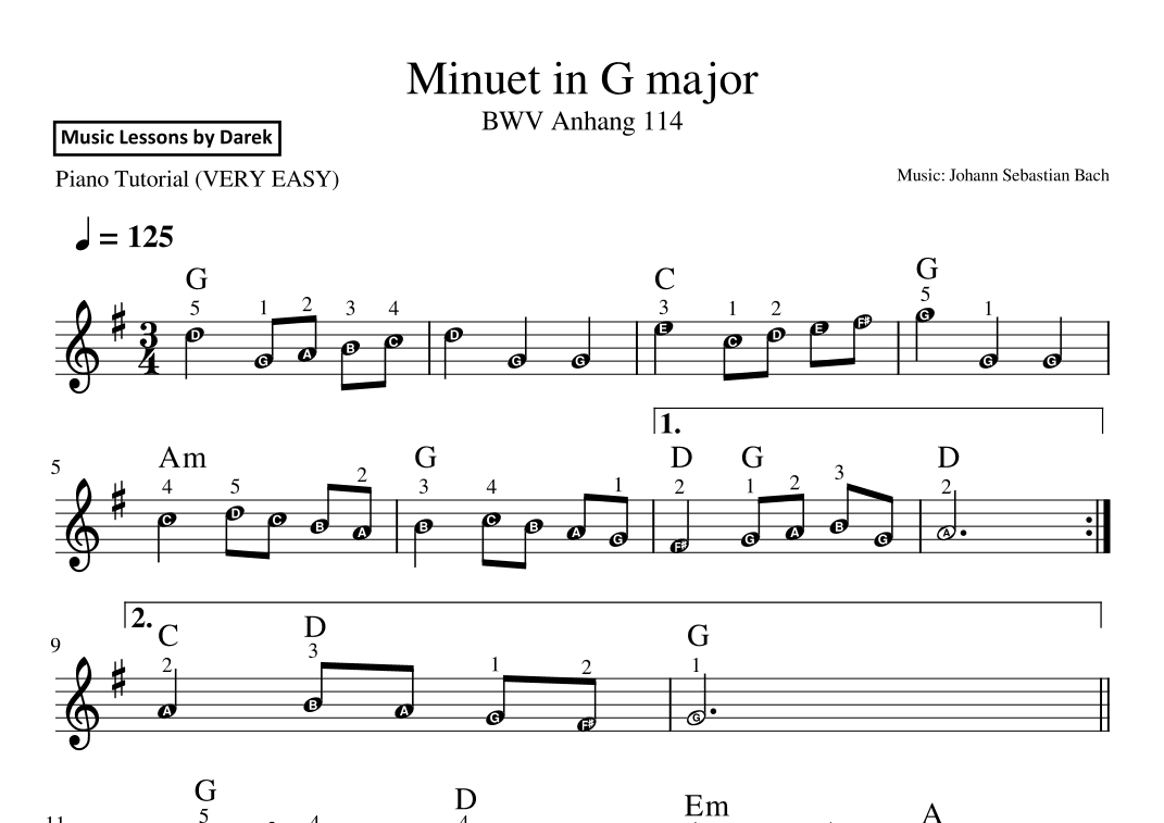 Minuet in G major (VERY EASY PIANO) BWV Anhang 114 [Johann Sebastian Bach] (arr. Darek)