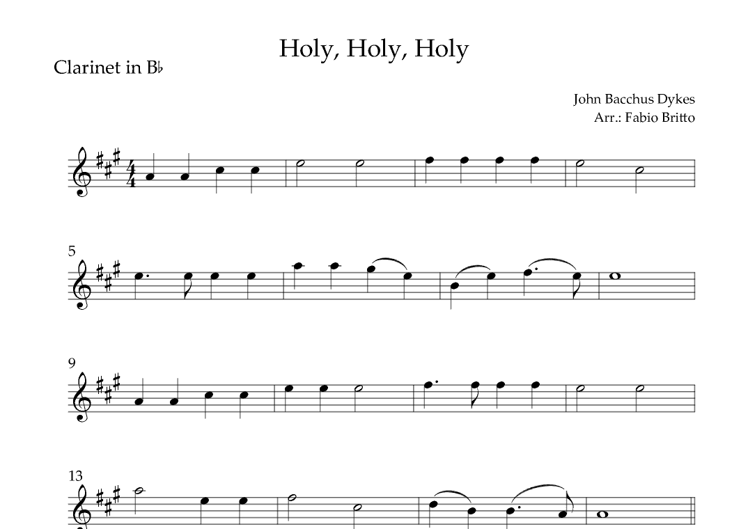 Holy, Holy, Holy (Traditional Christian Song) for Clarinet in Bb Solo (arr. Fabio Britto)