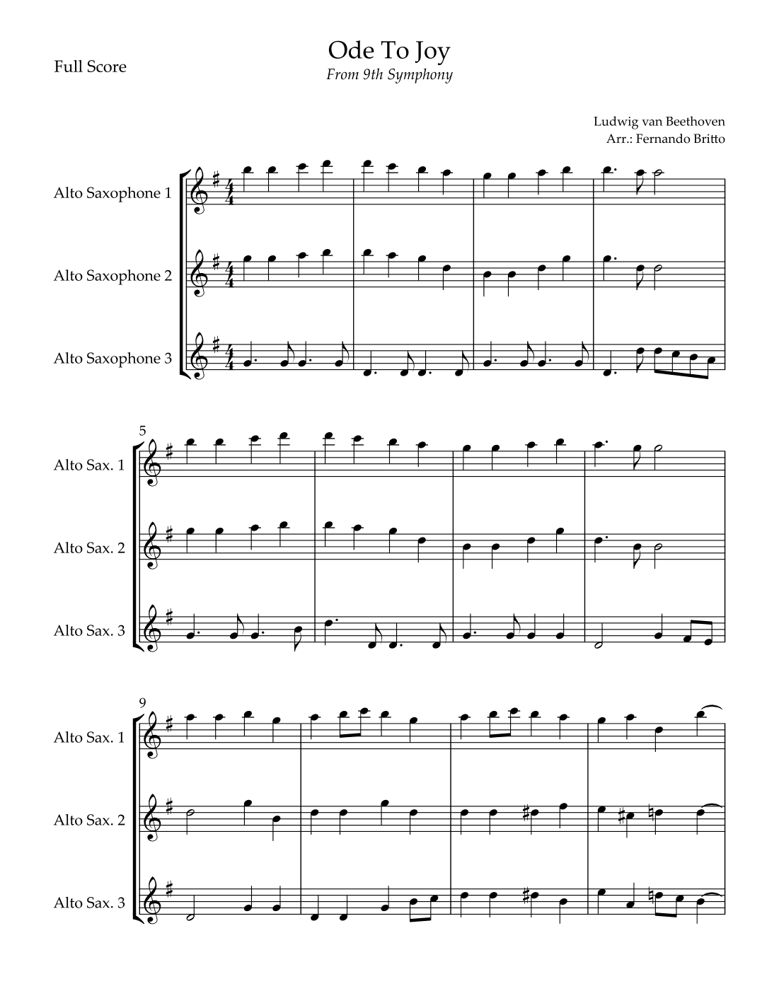 Ode To Joy Theme (from Beethoven's 9th Symphony) for Alto Saxophone (arr. Fernando Britto)