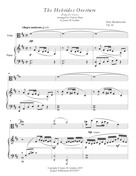 Mendelssohn: the Hebrides Overture for Viola & Piano (arr. James M. Guthrie)