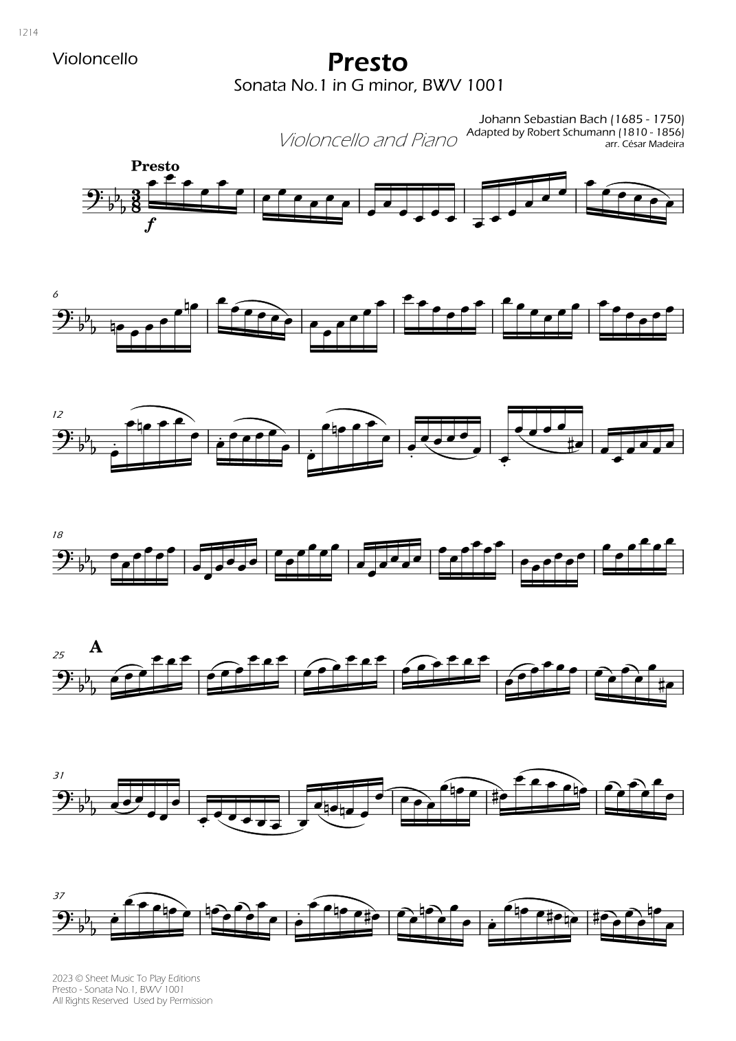 Presto from Sonata No.1, BWV 1001 - Cello and Piano (Individual Parts) (arr. César Madeira)