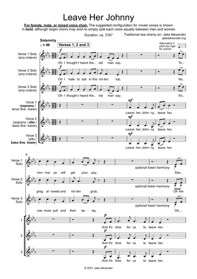 Leave Her Johnny - SSA/TBB/SAB a cappella (arr. Jake Alexander)