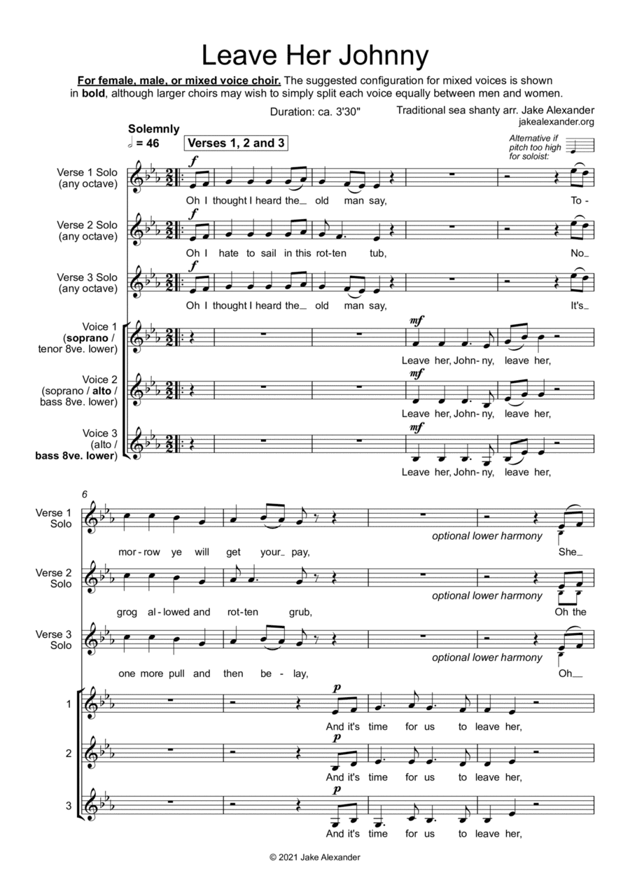 Leave Her Johnny - SSA/TBB/SAB a cappella (arr. Jake Alexander)