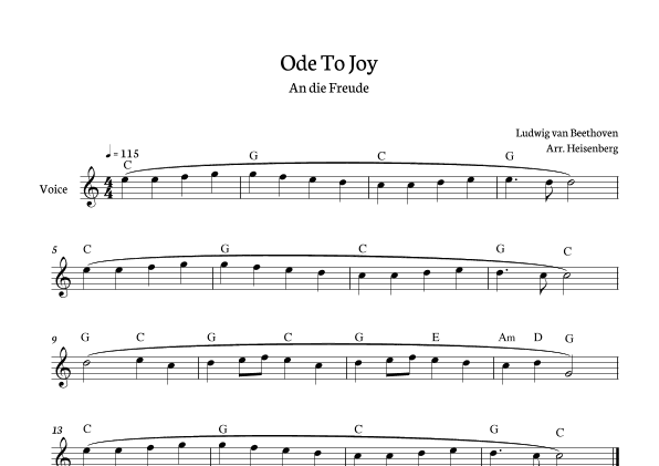 Beethoven - Ode To Joy for voice with chords in C (Lyrics in English) (arr. Heisenberg)