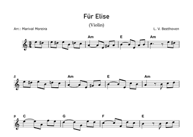 Fur Elise - Beethoven - Violin Solo (Score and Chords) (arr. Marival Moreira)