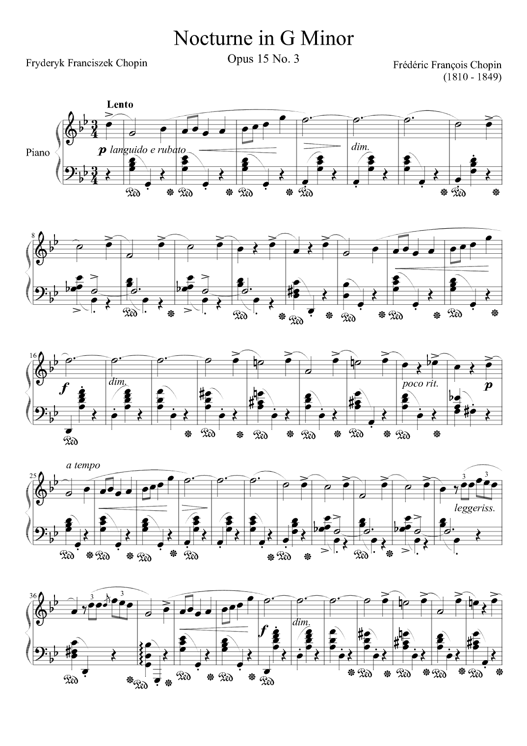 Nocturne Opus 15 No. 3 in G Minor (arr. Zachary Corbett)
