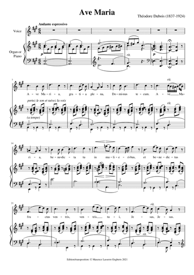 Dubois: Ave Maria [High Voice; Key: A] (arr. Maxence Lasserre-Engberts)