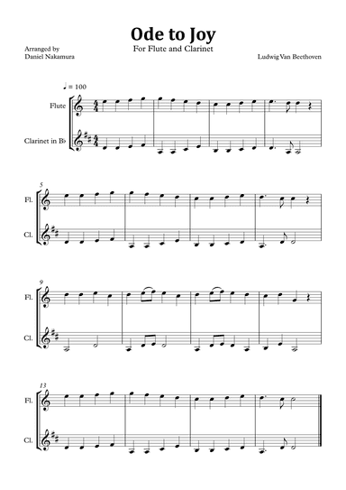 Ode to Joy (Easy Flute and Clarinet in Bb) (arr. Daniel Nakamura)