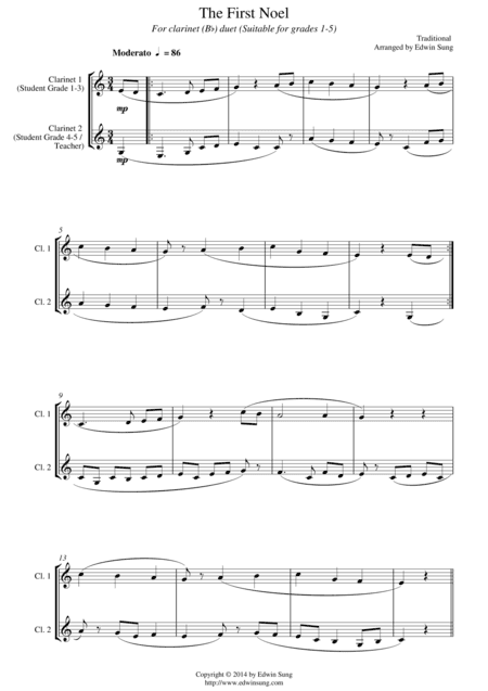 The First Noel (for clarinet(Bb) duet, suitable for grades 1-5) (arr. Edwin Sung)