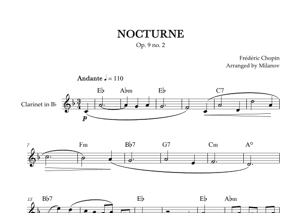 Chopin Nocturne op. 9 no. 2 | Clarinet in Bb | E-flat Major | Chords | Easy beginner (arr. Milanov)
