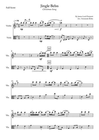 Jingle Bells - Jazz Version (Christmas Song) for Violin & Viola Duo (arr. Fernando Britto)