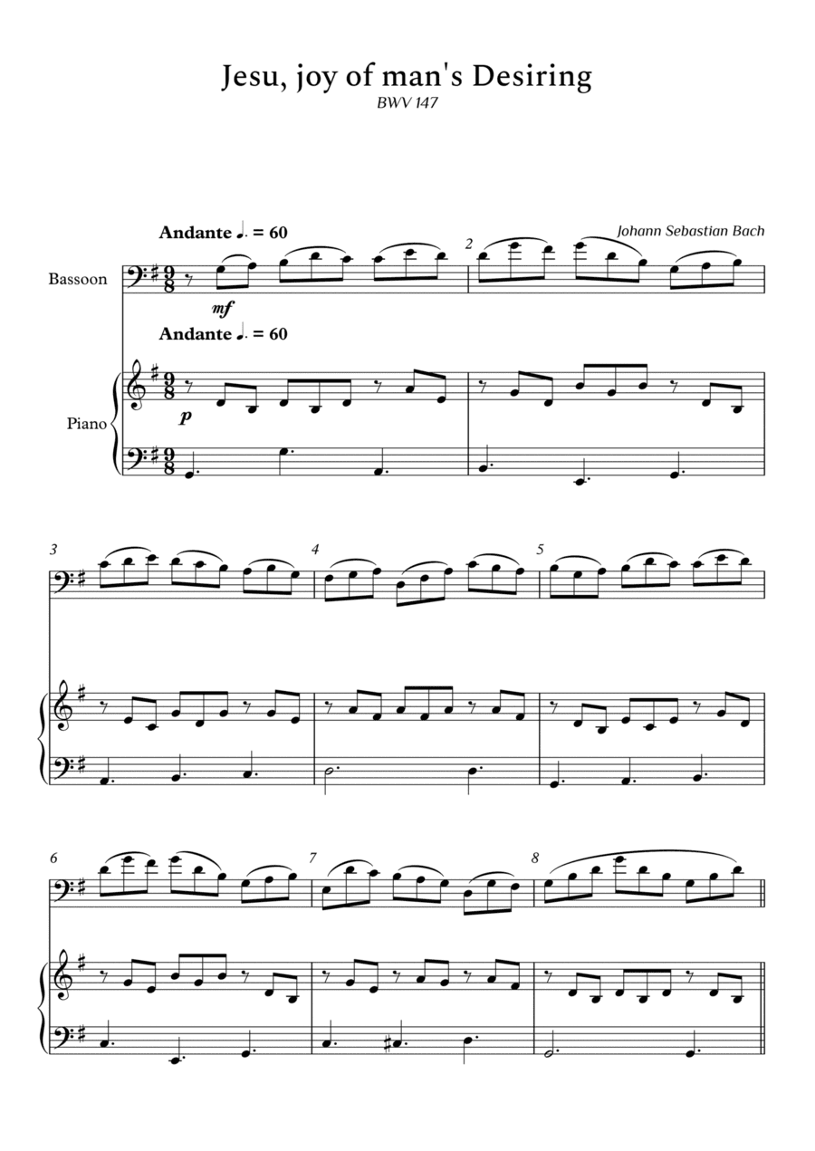 Jesu, Joy of Man's Desiring for Bassoon and Piano (Arpeggios Not Chords) - Score and parts (arr. Cássio Silva Chaves)