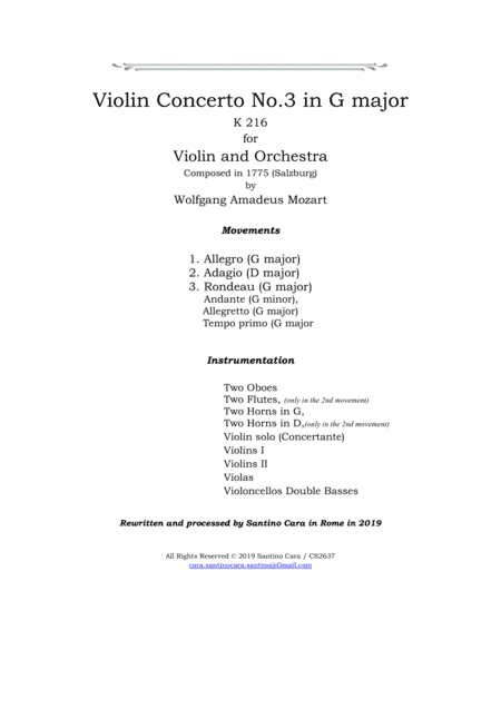 Mozart - Violin Concerto No.3 in G major K 216 for Violin, and Orchestra - Score and Parts (arr. Santino Cara)