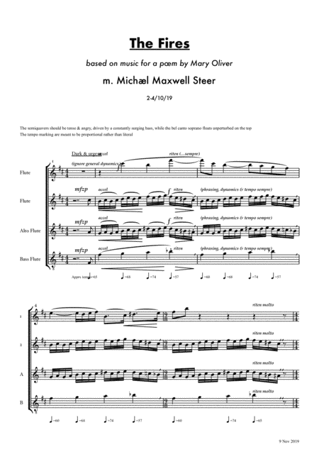 Fire Flute for flute quartet, based on the Mary Oliver poem The Fires