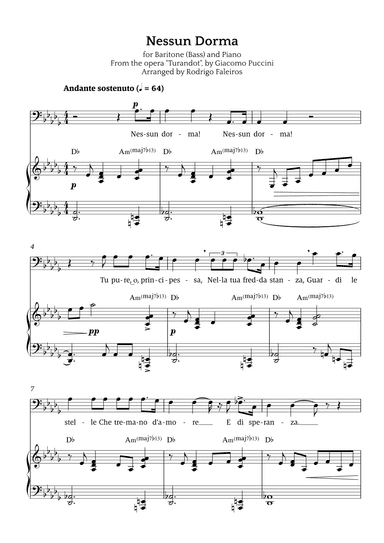 Nessun Dorma (for baritone or bass and piano) (arr. Rodrigo Faleiros)