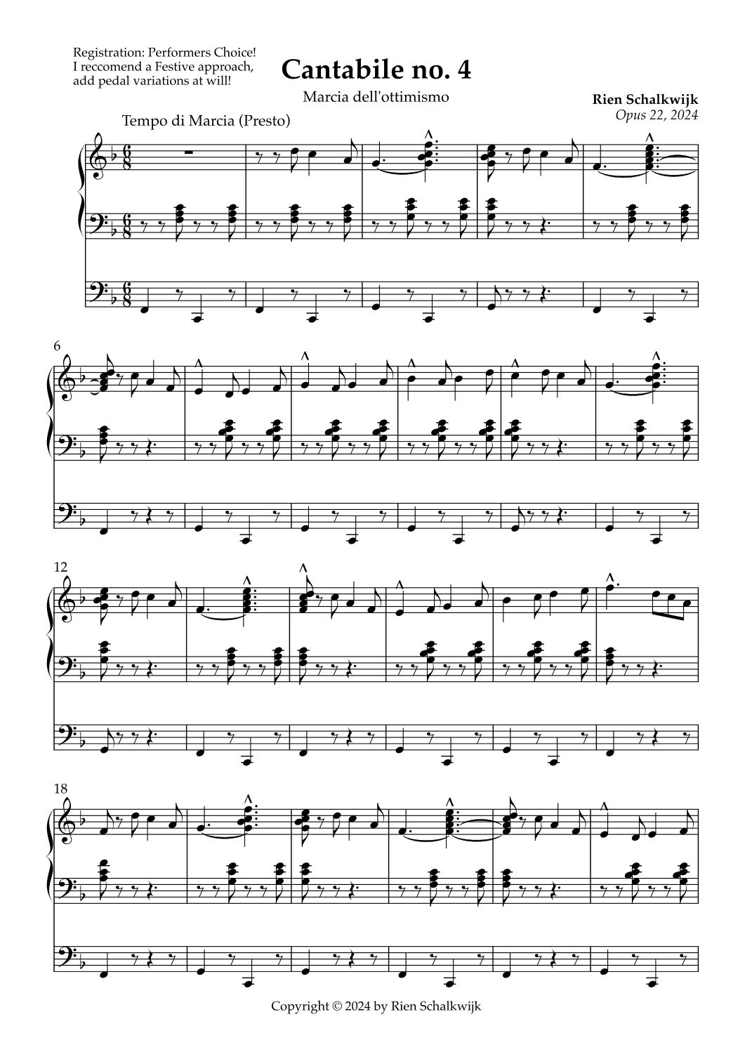 Cantabile n° 4 “Marcia dell'ottimismo” (For organ, opus 22, 2024)