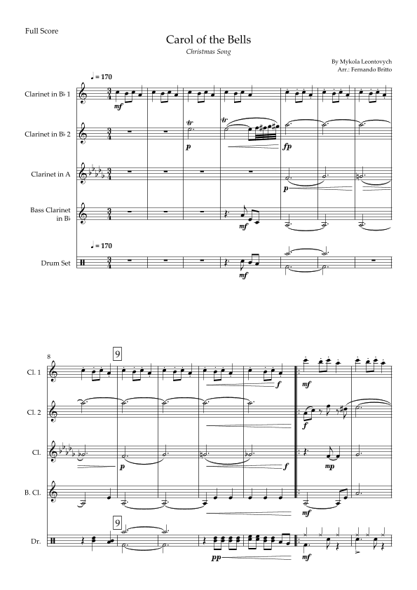 Carol of The Bells - Jazz Version (Christmas Song) for Clarinet Quartet and Drums (arr. Fabio Britto)