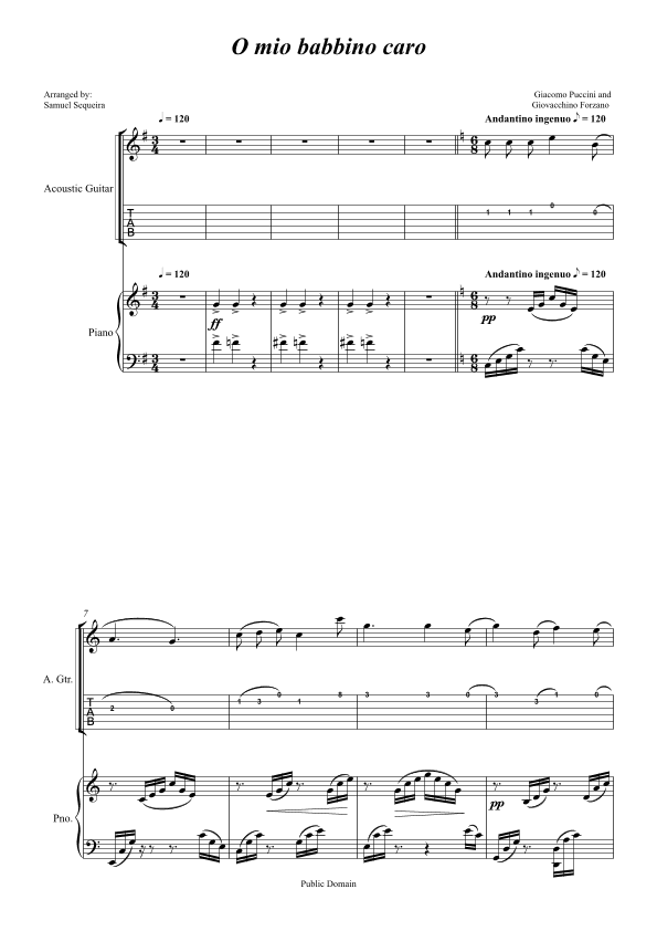 O mio babbino caro - for Guitar (TAB) and Piano accompaniment - orchestral play along (arr. Samuel Sequeira)