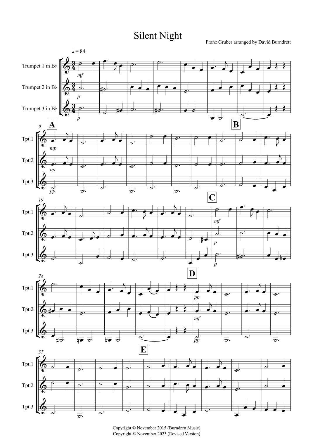 Silent Night for Trumpet Trio (arr. David Burndrett)