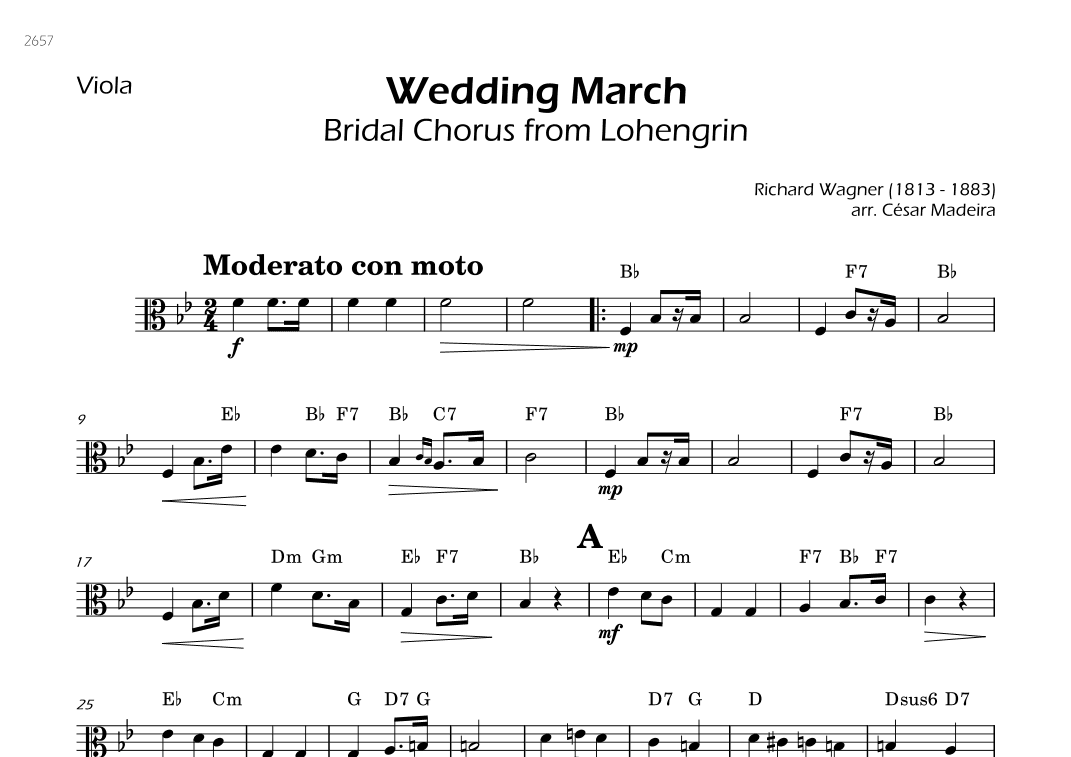 Wedding March (Bridal Chorus) - Viola Solo - W/Chords (arr. César Madeira)