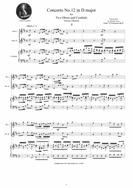 Albinoni - Oboe Concerto No.12 in D major Op.9 for Two Oboes and Cembalo (or Piano) (arr. Santino Cara)