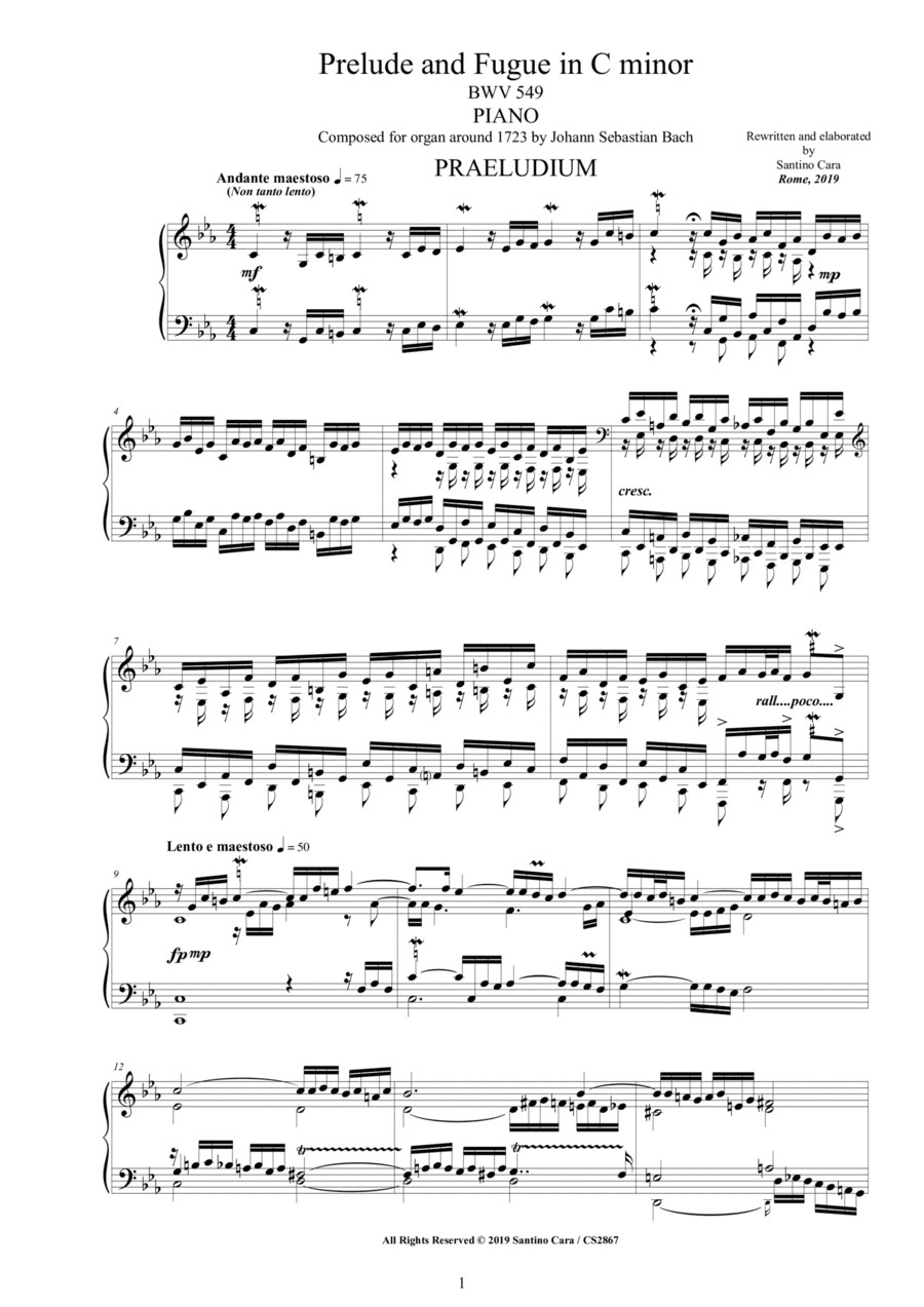 Bach - Prelude and Fugue in C minor BWV 549 for Piano (arr. Santino Cara)