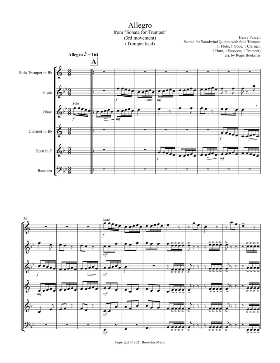 Allegro (from "Sonata for Trumpet") (Bb) (Woodwind Quintet - 1 Flute, 1 Oboe, 1 Clar, 1 Hrn, 1 Basso (arr. Regis Bookshar)