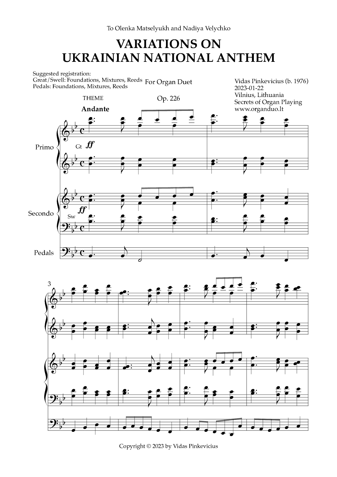 Variations on Ukrainian National Anthem, Op. 226 (Organ Duet) by Vidas Pinkevicius