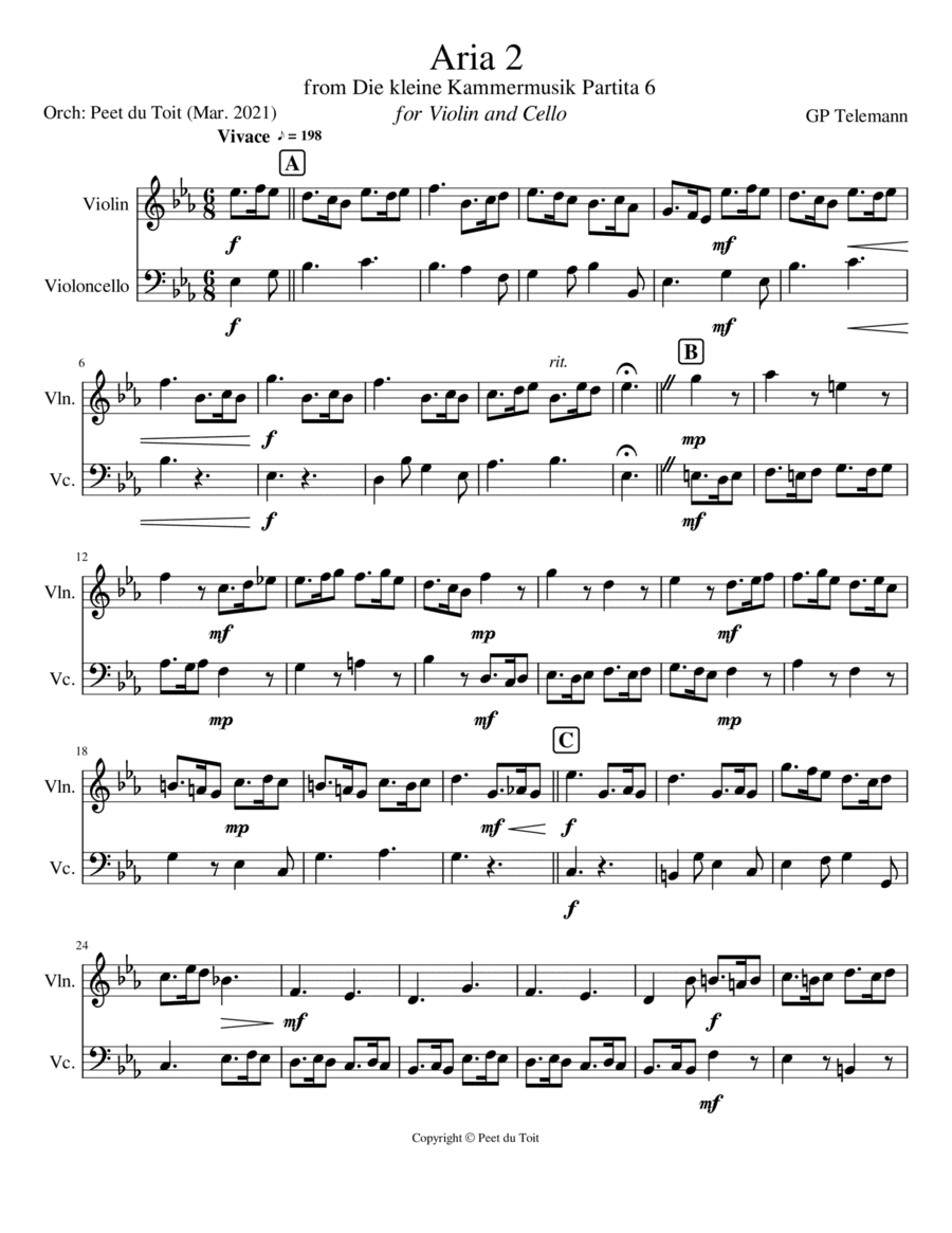 Aria 2 from Die kleine Kammermusik Partita 6 - GP Telemann (Violin & Cello) (arr. Peet du Toit)