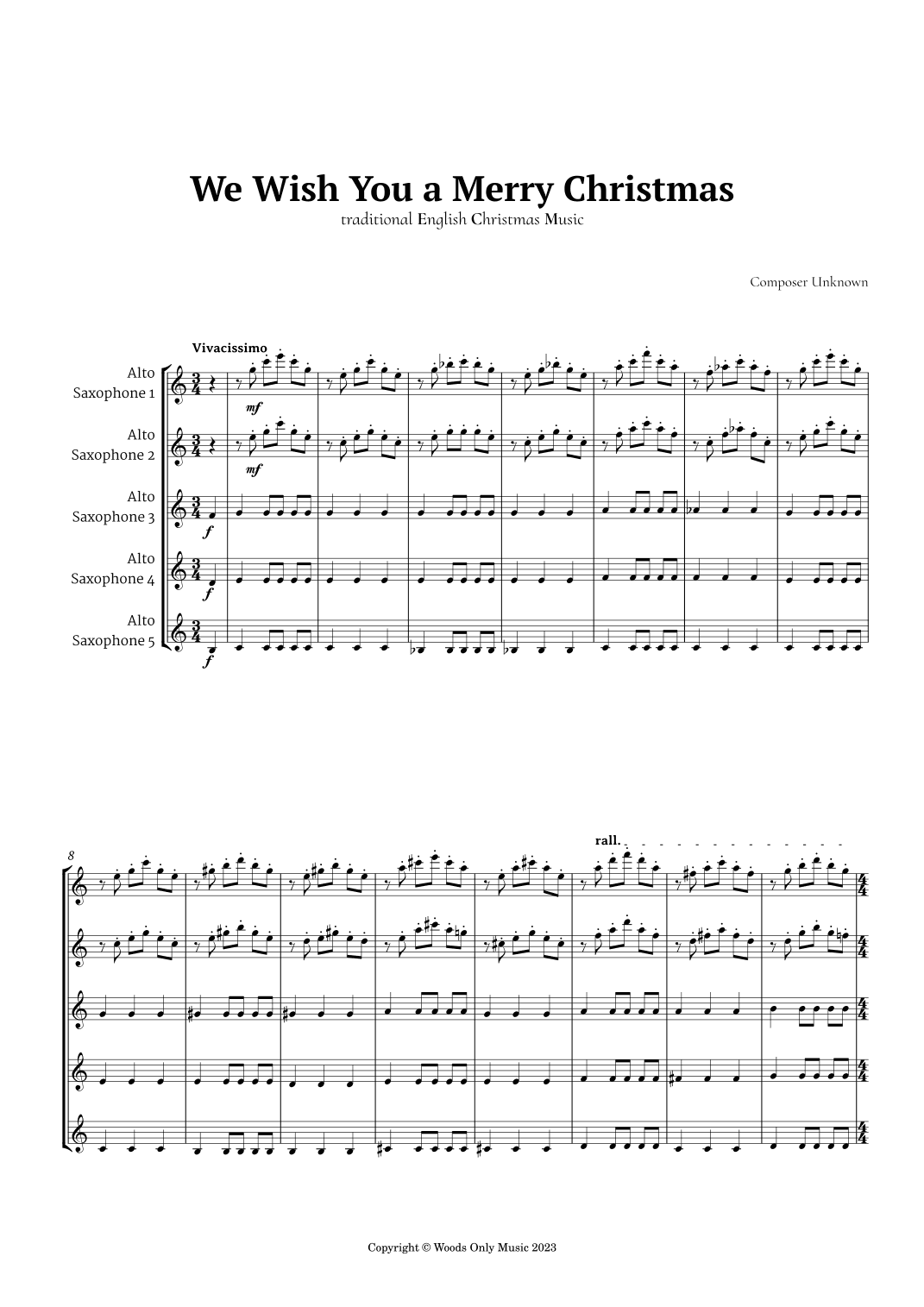 We Wish You a Merry Christmas for Alto Sax Quintet (arr. Ander)