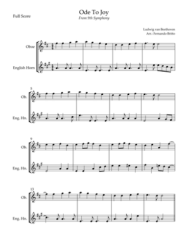 Ode To Joy Theme (from Beethoven's 9th Symphony) for Oboe & English Horn Duo (arr. Fernando Britto)