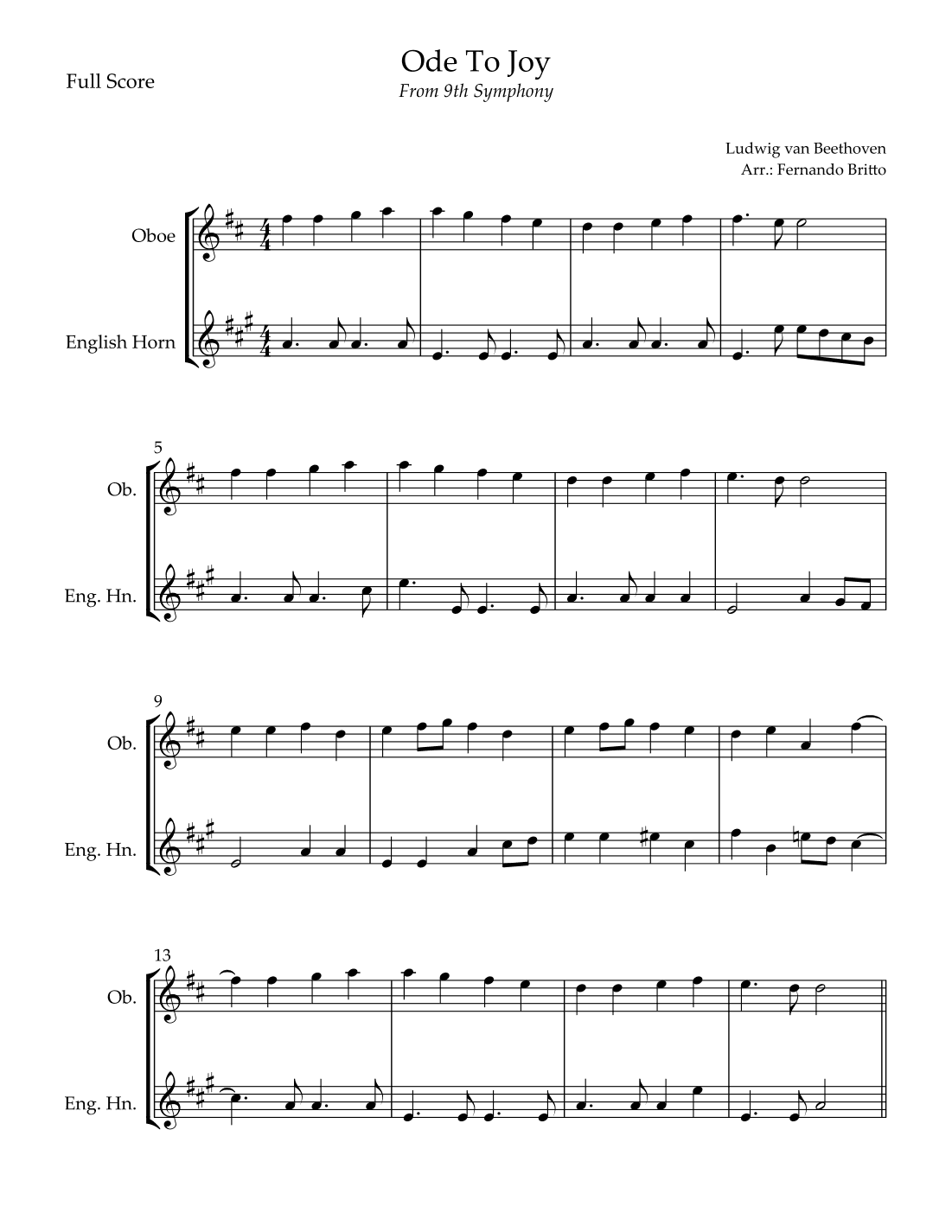Ode To Joy Theme (from Beethoven's 9th Symphony) for Oboe & English Horn Duo (arr. Fernando Britto)