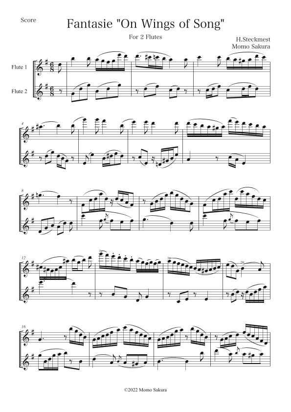 Fantasie "On Wings of Song" for 2 Flutes/ Flute duet (arr. Momo Sakura)