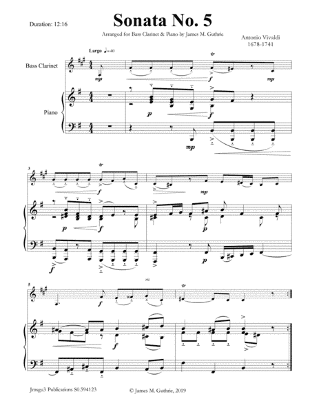 Vivaldi: Sonata No. 5 for Bass Clarinet & Piano (arr. James M. Guthrie, ASCAP)