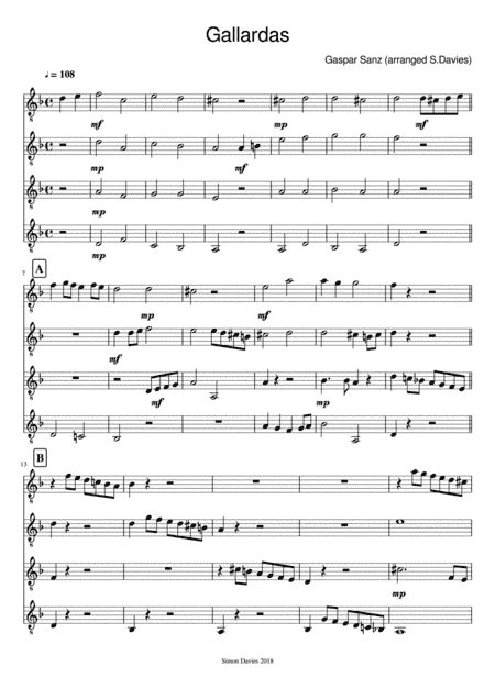 Gallardas - Gaspar Sanz (arranged for guitar ensemble) (arr. Simon Davies)