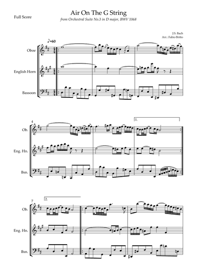 Arrangement of the song Air On The G String (J.S. Bach) for Woodwind Trio. (arr. Fabio Britto)