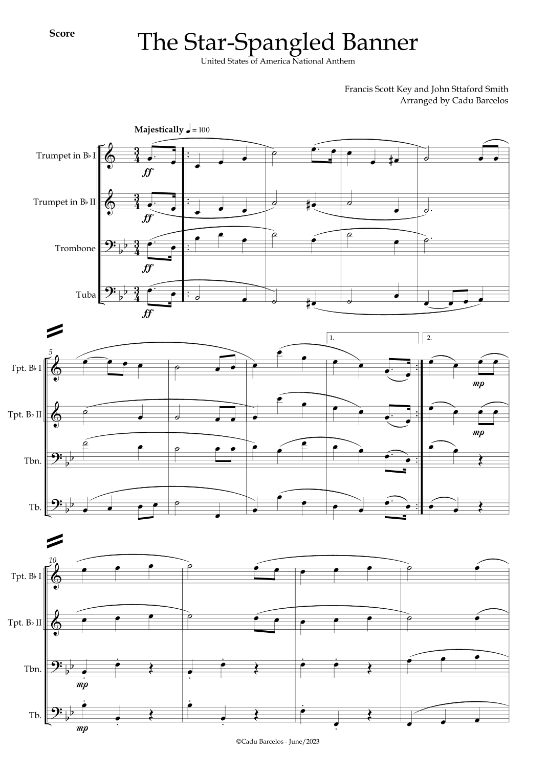 The Star-Spangled Banner - EUA Hymn (Brass Quartet) (arr. Cadu Barcelos)