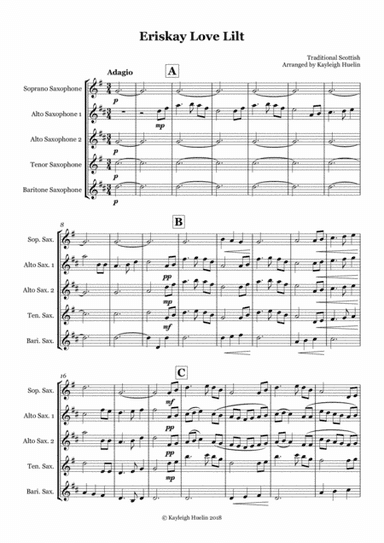 Eriskay Love Lilt - Saxophone quintet (SAATB) (arr. Kayleigh Huelin)