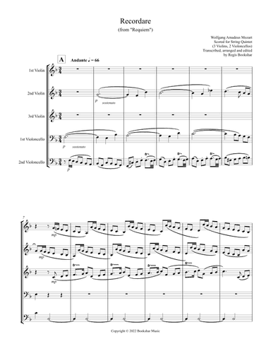 Recordare (from "Requiem") (F) (String Quintet - 3 Violins, 2 Cellos) (arr. Regis Bookshar)