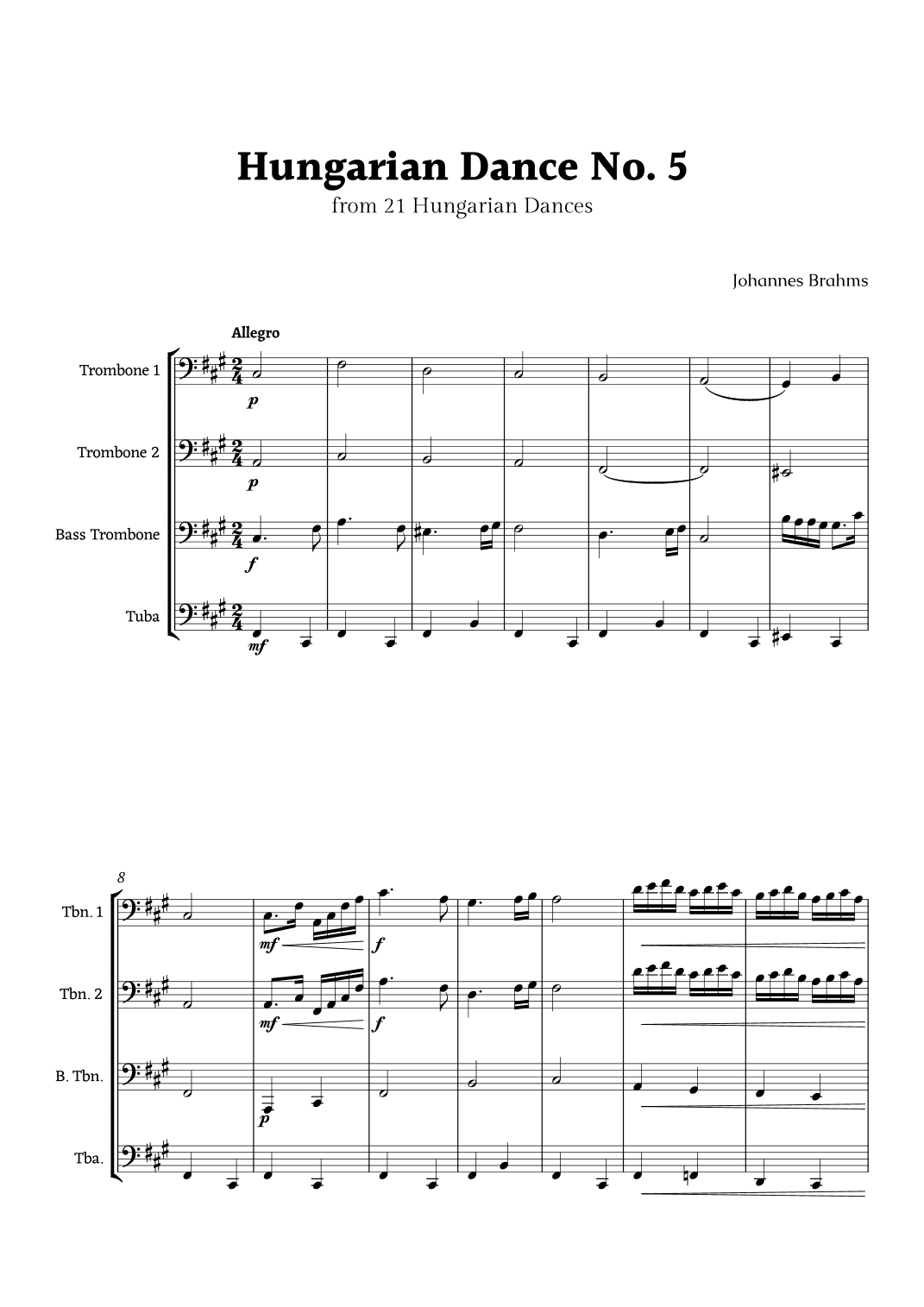 Hungarian Dance No. 5 by Brahms for Low Brass Ensemble Quartet (arr. Rika K.)